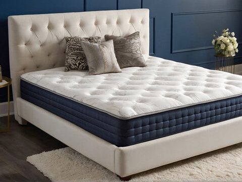 A neatly made bed with a patterned mattress and decorative pillows in a bright room.